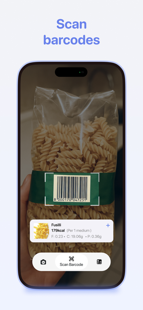 Calorie Counter - Calory AI - iPhone screen showing the Calory AI barcode scanner identifying nutrition facts from a bag of pasta.