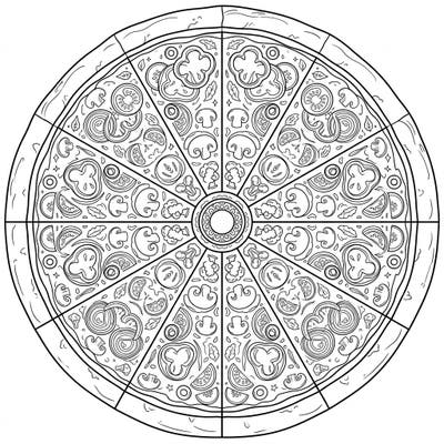 Satisfy your artistic cravings with this delightful Vegetable Pizza Mandala coloring page. Featuring an intricate array of symmetrical veggie toppings, it's a unique blend of culinary charm and meditative art perfect for all ages.