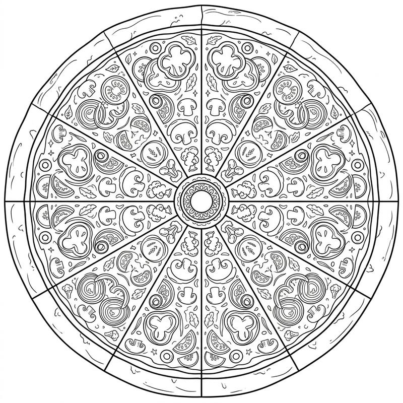 Satisfy your artistic cravings with this delightful Vegetable Pizza Mandala coloring page. Featuring an intricate array of symmetrical veggie toppings, it's a unique blend of culinary charm and meditative art perfect for all ages.