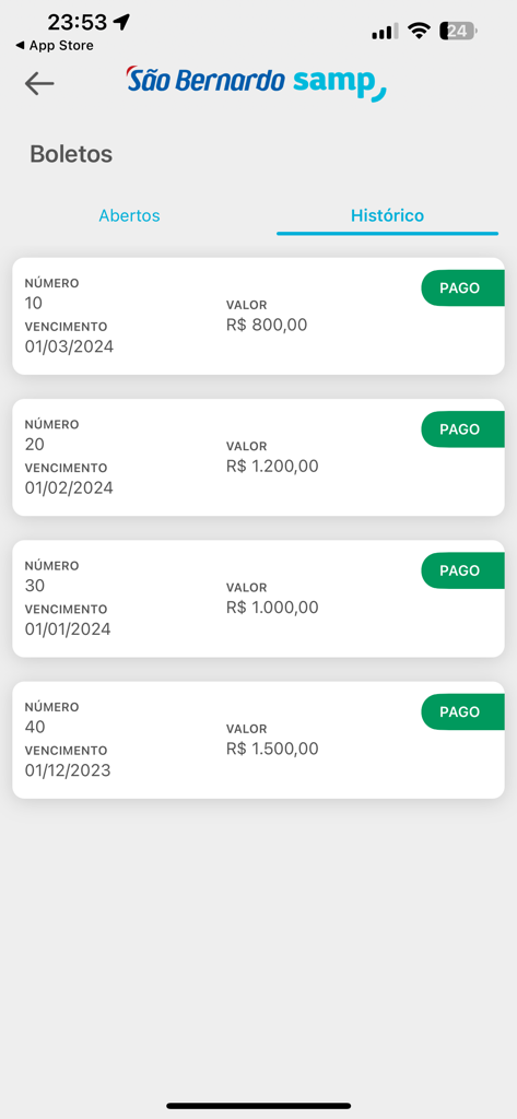 São Bernardo Samp - Sao Bernardo Samp app screen showing a history of paid health plan bills with their respective dates and values.