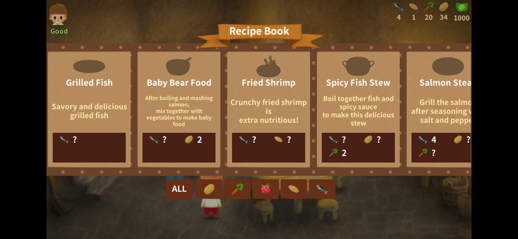 A hand-drawn recipe book menu in A Tale of Little Berry Forest showing various dishes and ingredients