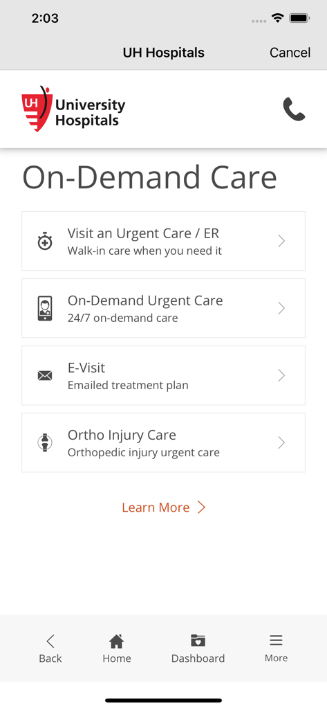 UH MyChart - UH MyChart app screen showing On-Demand Care options including Urgent Care and E-Visits