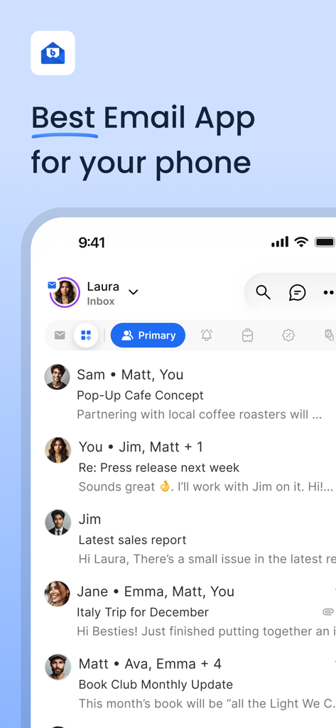 携帯電話で統合インボックスを表示するBlue Mailアプリのインターフェース
