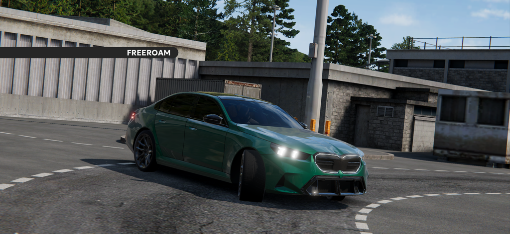 A modern green car in the freeroam mode of Dream Road Online racing game