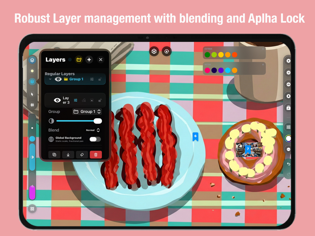 El panel de gestión de capas en la aplicación Infinite Zoom Art VOID en un iPad.