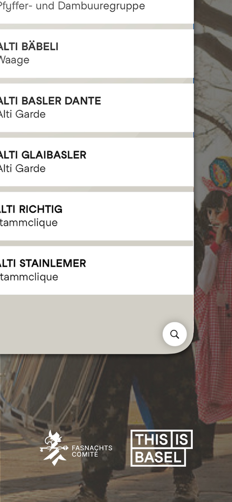 A list of Basel Carnival clique groups in the Basel City Guide app
