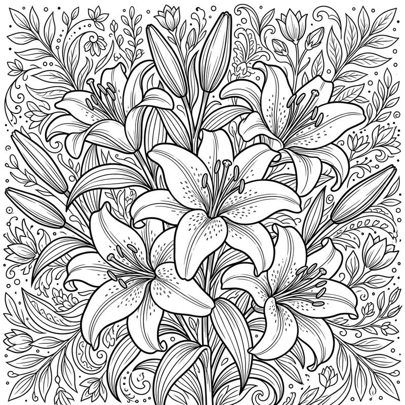 Immerse yourself in the elegance of Casablanca lilies with this beautifully intricate coloring page. Designed for teens, it offers a perfect blend of artistic challenge and relaxing floral beauty.