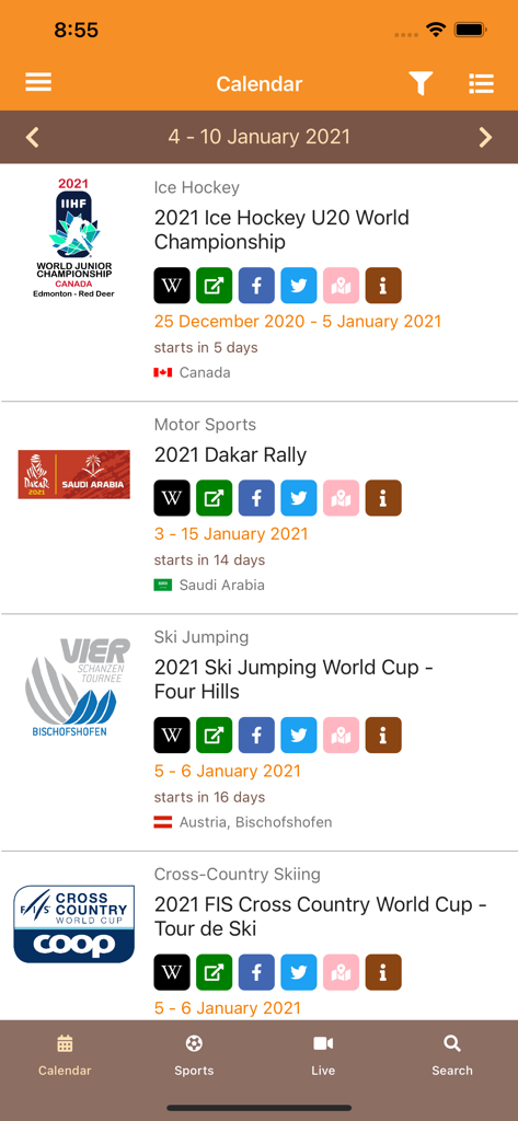 All Sport DB Live - All Sport DB Liveアプリのカレンダーインターフェイスに、アイスホッケーU20世界選手権やダカールラリーなどの国際スポーツイベントと、公式ウェブサイトおよびソーシャルメディアへのリンクが表示されています。