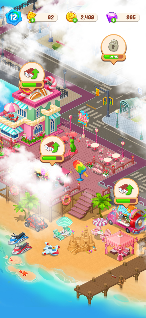 Happy Merge Seaside - A colorful beach scene in Happy Merge Seaside featuring a cafe and resort decorations