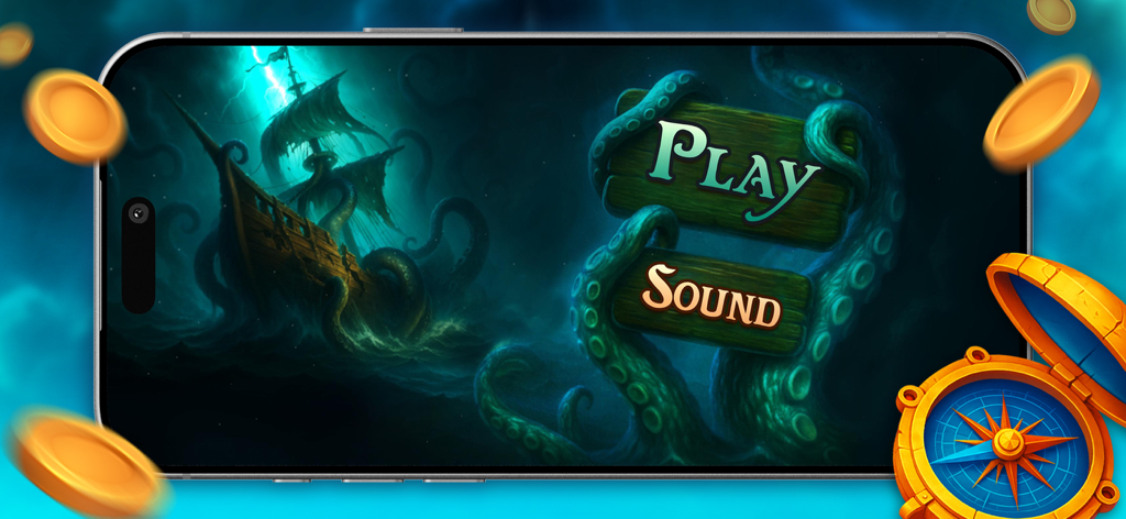 Super slot: mega game - Menu principale di un gioco di casinò sociale a tema pirata che mostra una nave attaccata da un kraken con pulsanti di gioco e audio.