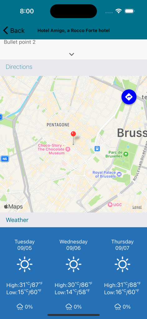 Travel Managers New Zealand - Mobile app screen showing a map with a hotel location and a three-day weather forecast for a travel itinerary