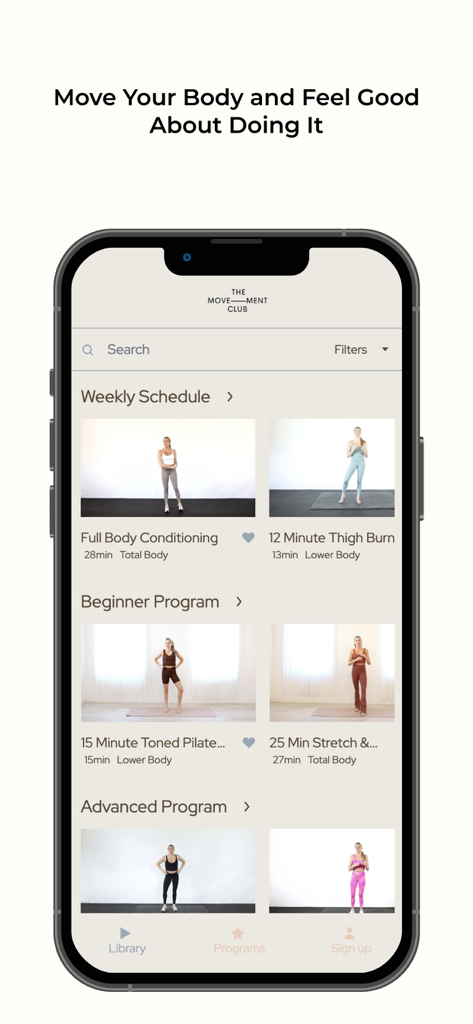 The Movement Club App - The Movement Club app interface showing weekly schedules, beginner programs, and advanced fitness workout videos.