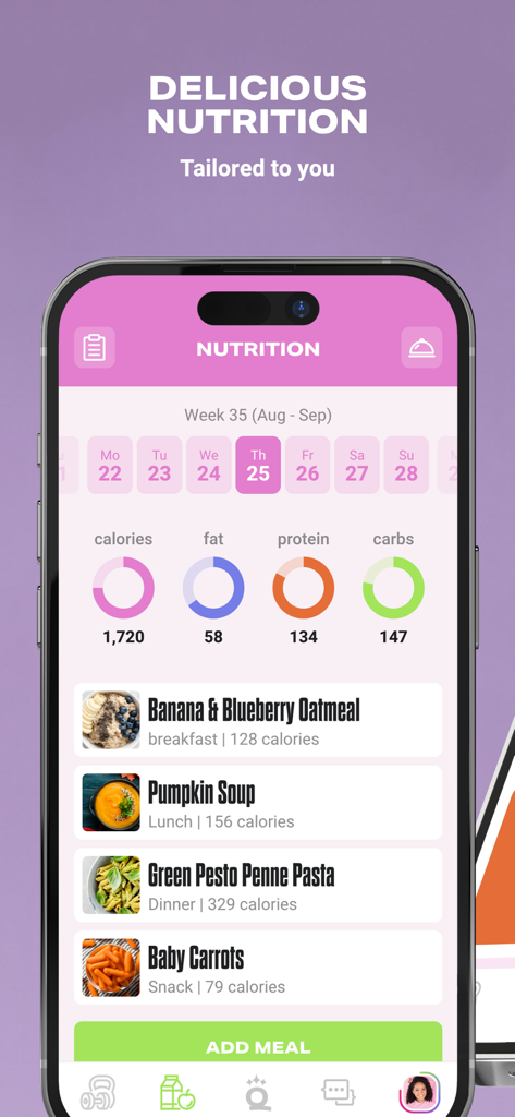 QDQ - Queens Dont Quitアプリの栄養ダッシュボード。カロリートラッキングと毎日の食事レシピを表示