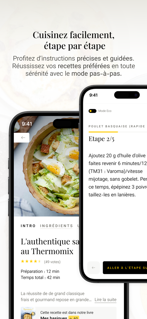 Yummixアプリのインターフェース。Thermomixレシピのステップバイステップ調理手順が表示されています。