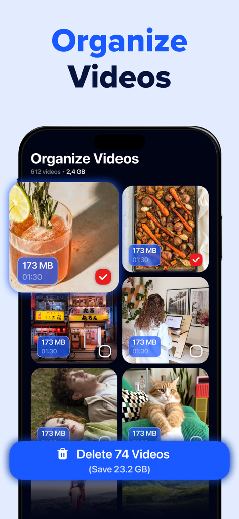 Cleaner AI: Photo Cleanup - Interfaccia mobile di Cleaner AI che mostra l'organizzazione dei video e un pulsante per eliminare i video per risparmiare spazio di archiviazione