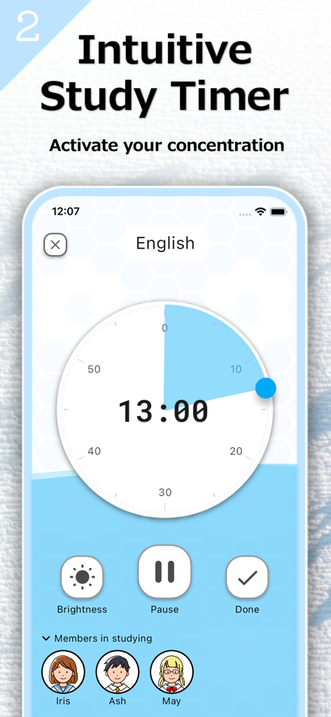 Study Circle 앱 인터페이스에 직관적인 타이머와 가상 스터디 그룹 멤버들이 표시됩니다.