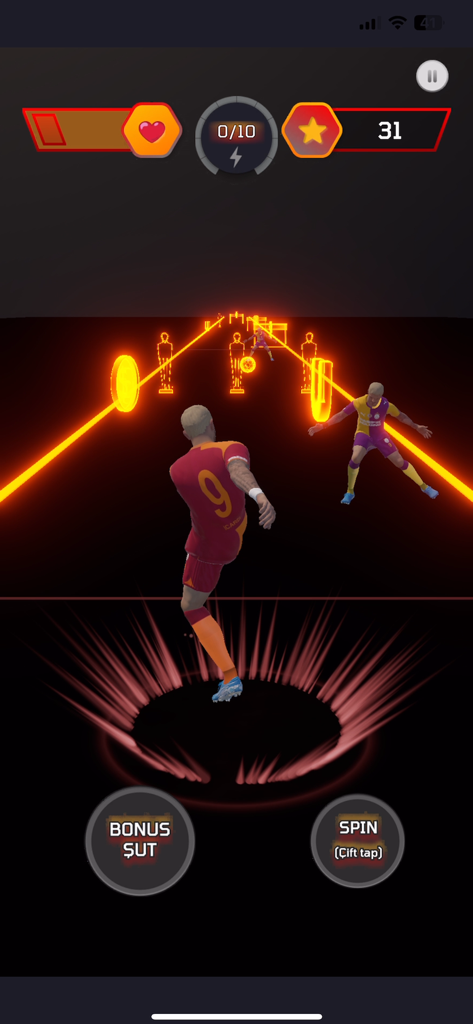 Gameplay screen of Aslanlar Ligi mobile game showing Mauro Icardi avatar in a soccer duel with action buttons and game stats