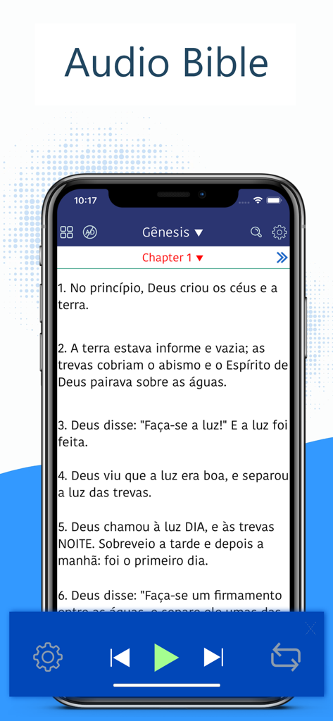 Bíblia Ave Maria PRO - Audio player interface in the Biblia Ave Maria PRO app showing Portuguese biblical text from Genesis