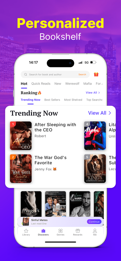 Readink – Stories & Books - Readink app interface showing a personalized bookshelf with trending romance and werewolf stories