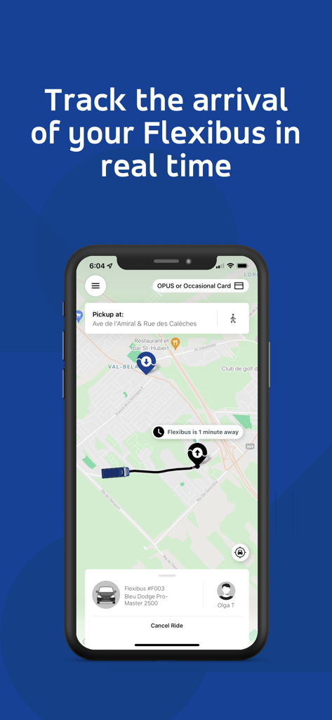 RTC Flexibus - RTC Flexibus app screen showing live bus location on a map with arrival time notification