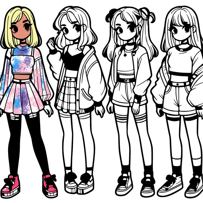 one girl with crop-top shirt and a jacket with a skirt, long socks and another girl with a shirt and pants with a jacket