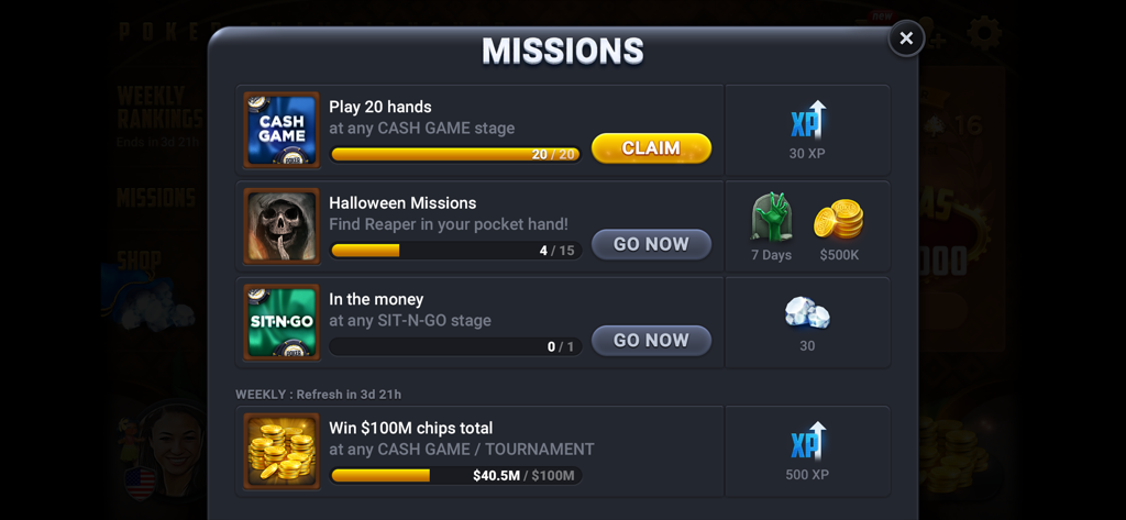 Poker Championship - Holdem - Daily and weekly missions menu in the Poker Championship app showing player rewards and progress