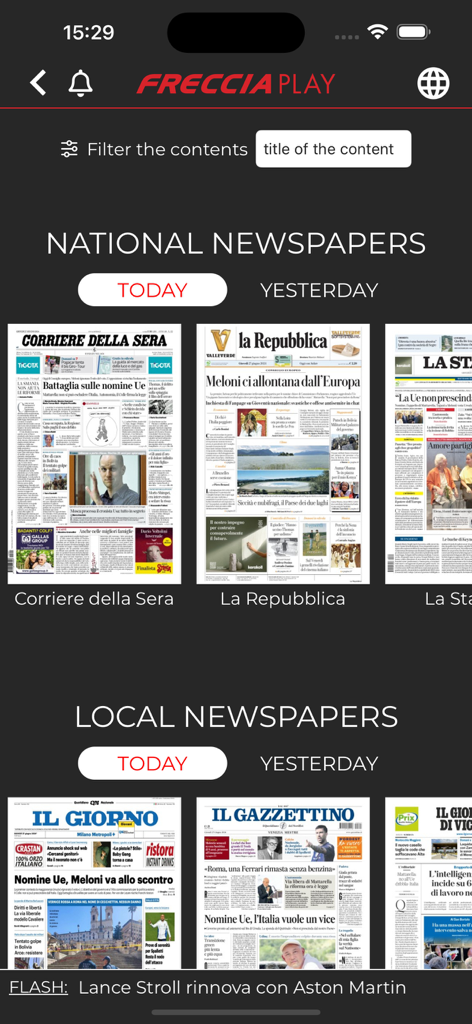 FRECCIAPlay app interface showing a selection of digital Italian national and local newspapers like Corriere della Sera and La Repubblica.