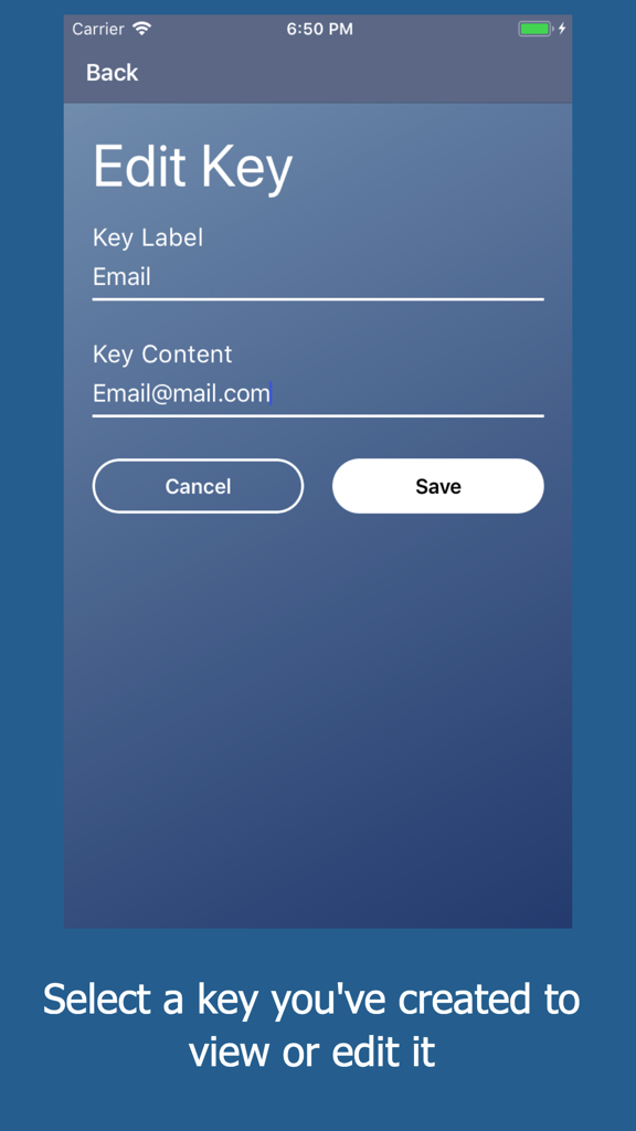ClipKey app screen showing the Edit Key interface with fields for Key Label and Key Content to create custom keyboard shortcuts.