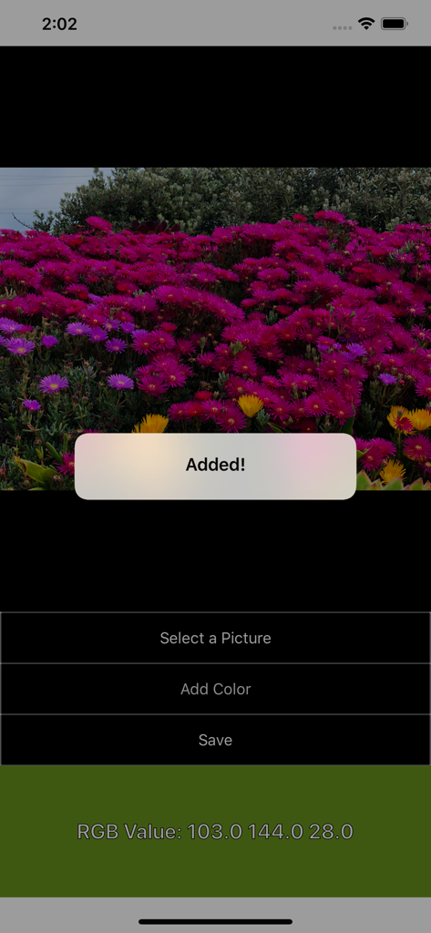 iDrop 앱이 꽃 사진에서 RGB 색상 값을 추출하고 확인 팝업이 추가된 모습