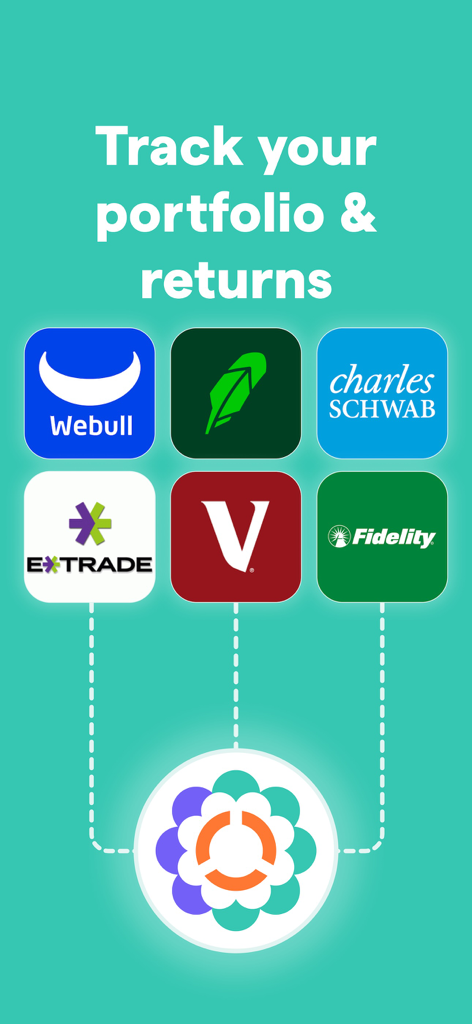 Blossom: Portfolio Tracker - Gráfico mostrando o aplicativo Blossom sincronizando dados de investimento de corretoras como Robinhood, Fidelity e Vanguard