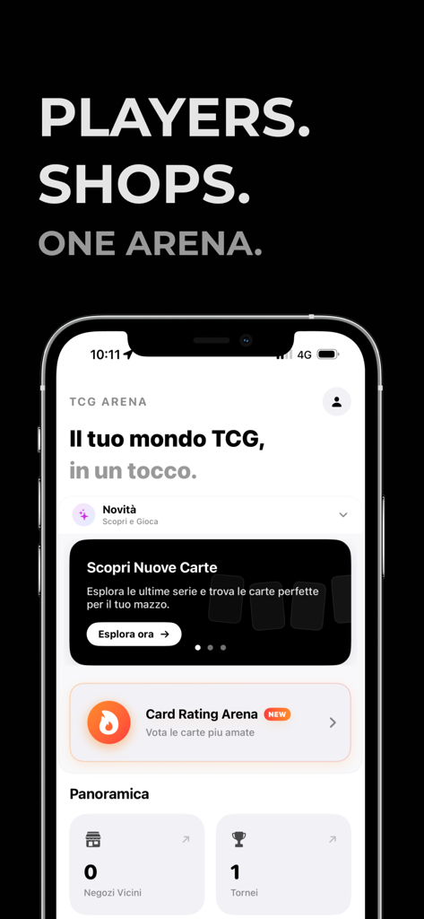 TCG Arena mobile app home screen showing card discovery and tournament overview for trading card game players.