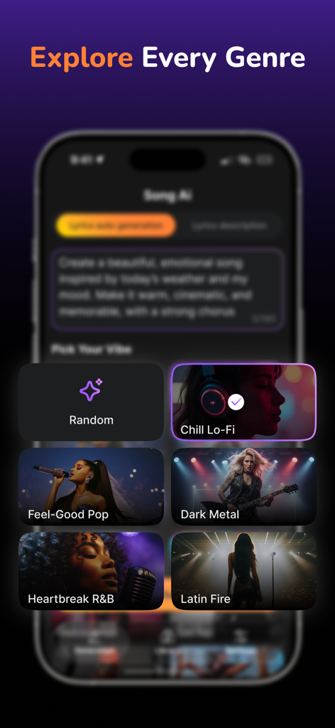 AI Song maker. Music generator - Interface do gerador de música com IA mostrando vários cards de seleção de gênero como Chill Lo-Fi e Dark Metal.