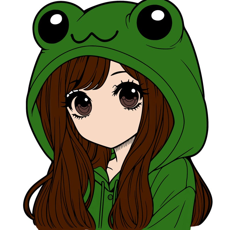 a pretty girl wearing a frog hoodie portrait with long hair