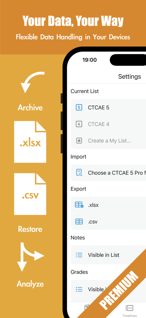 Interface of CTCAE 5 Pro app demonstrating data export and archive features for spreadsheet files