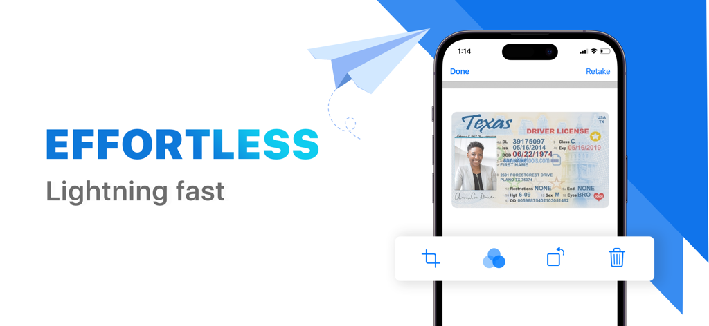 iPhone app interface showing a document scanner capturing a drivers license for fast faxing