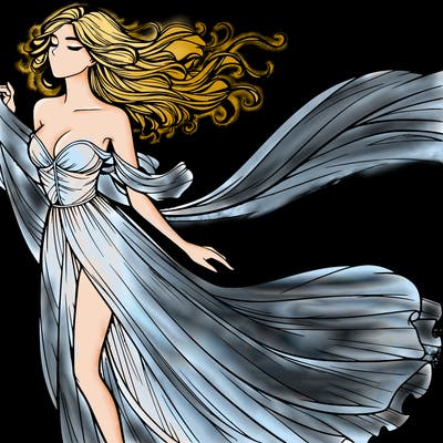 realistic woman in dress flowing the the wind