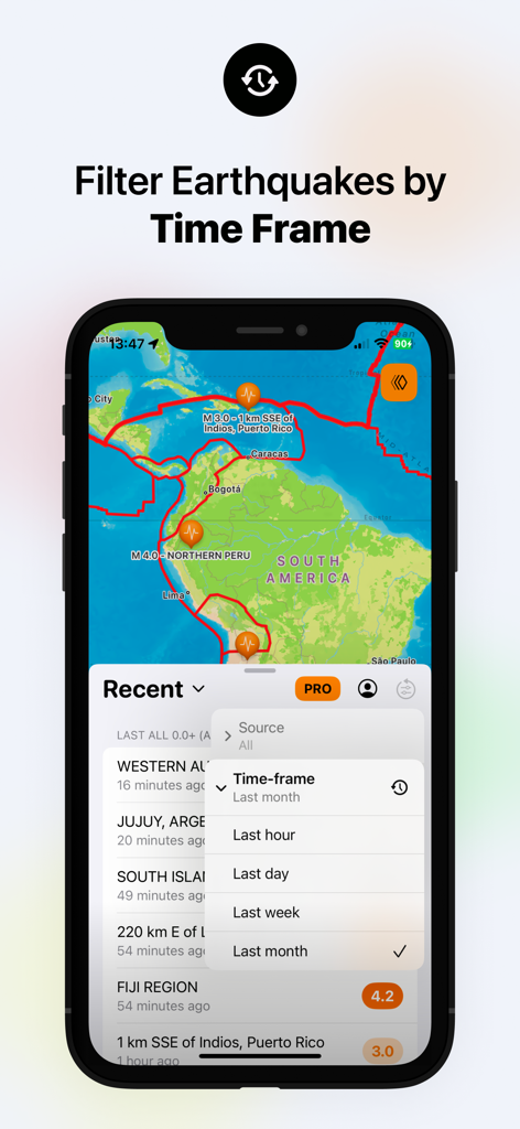 Schermata di uno smartphone che mostra l'app QuakeMate che filtra i terremoti per intervallo di tempo su una mappa interattiva
