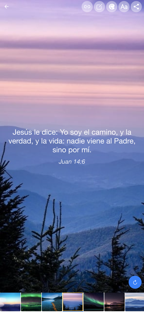Biblia Reina Valera Santa 1960 - Daily Bible verse Juan 14 6 in Spanish displayed over a scenic mountain landscape background