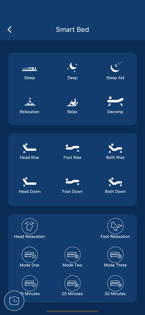 AI Bed - AI Bedアプリのインターフェース。調整可能なベッドの位置、睡眠モード、マッサージタイマーのコントロールボタンが表示されています