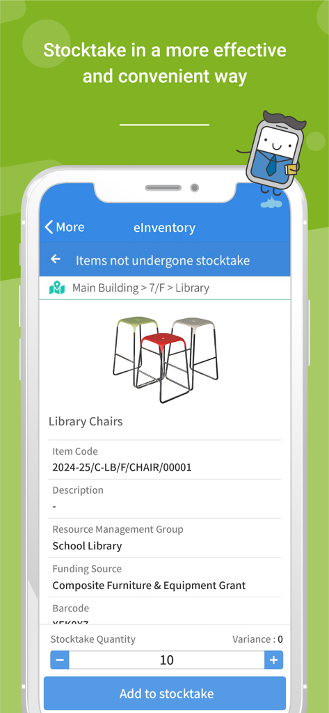 Mobile interface of the eClass Teacher App showing the eInventory feature for school library chairs stocktake