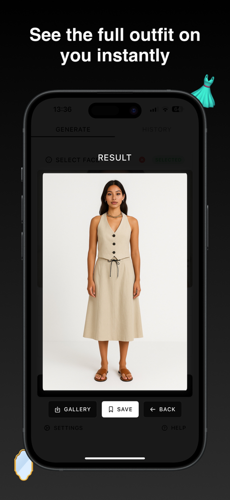 TryMe AI - Outfit Preview - A smartphone screen displaying an AI-generated virtual outfit preview of a beige vest and skirt on a woman.