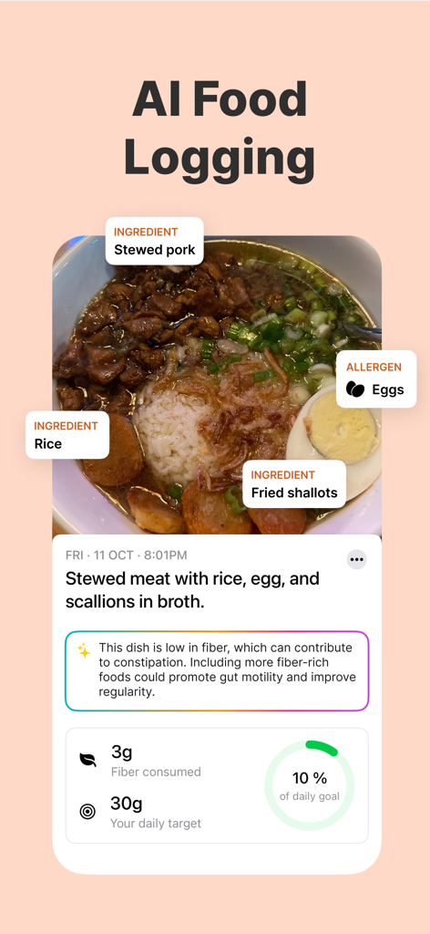 Poop Tracker - Balloon - Función de registro de alimentos con IA en la aplicación Balloon que muestra el análisis de ingredientes y el seguimiento de fibra para una comida.