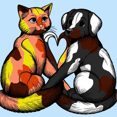 realistic cat and dog making a heart with their tails