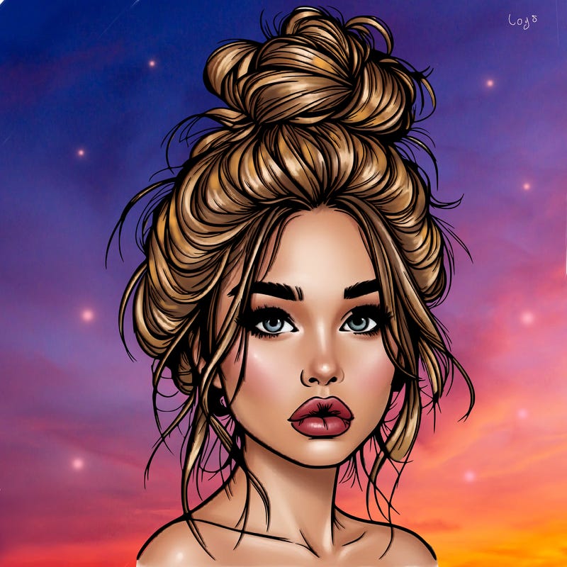 realistic girl with a messy bun and she has lips