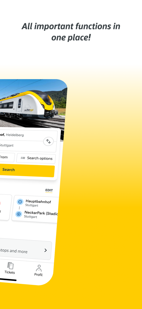 bwegt Bus & Bahn - Tableau de bord de l'application bwegt Bus et Bahn montrant la recherche de transports et les gares favorites.