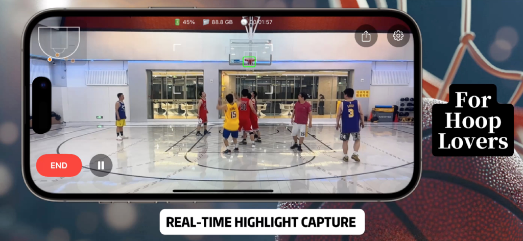 HighlightX - An iPhone screen displaying the HighlightX app recording a live basketball game with AI-powered real-time highlight capture.