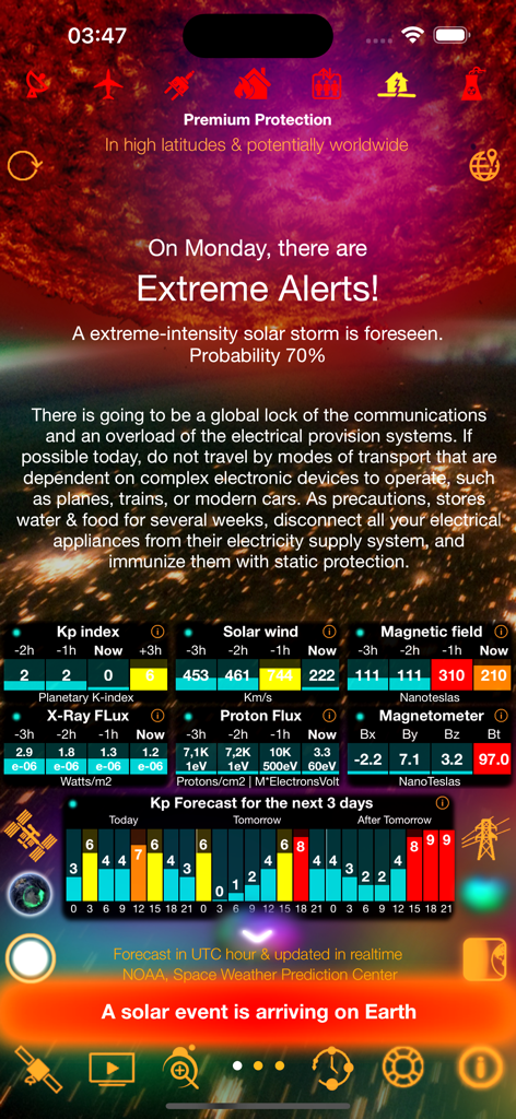 Screenshot of the Solar Alert app interface displaying an extreme solar storm warning with probability data and scientific monitoring panels.