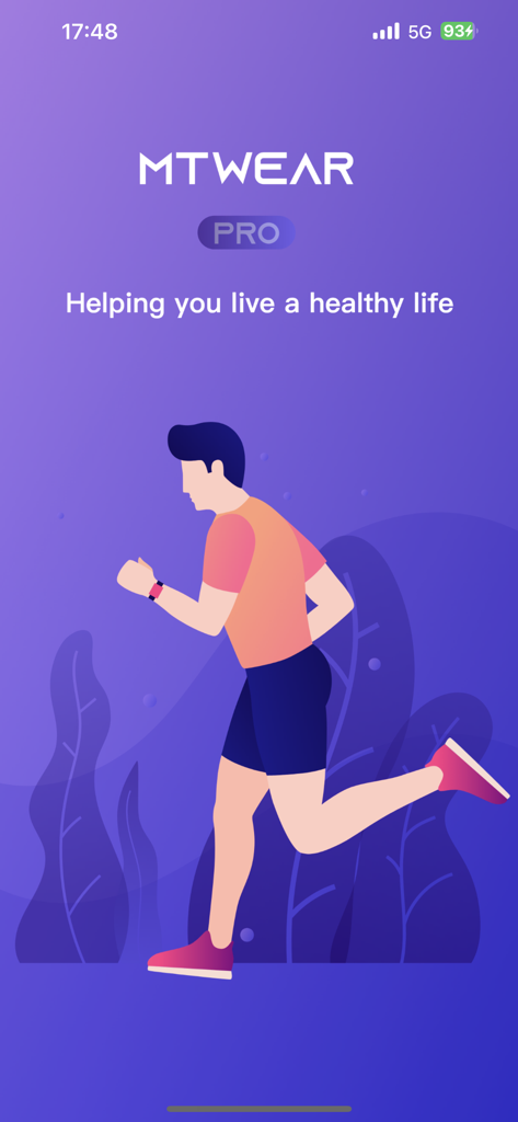MTWEAR Pro app splash screen with an illustration of a man running and the tagline Helping you live a healthy life