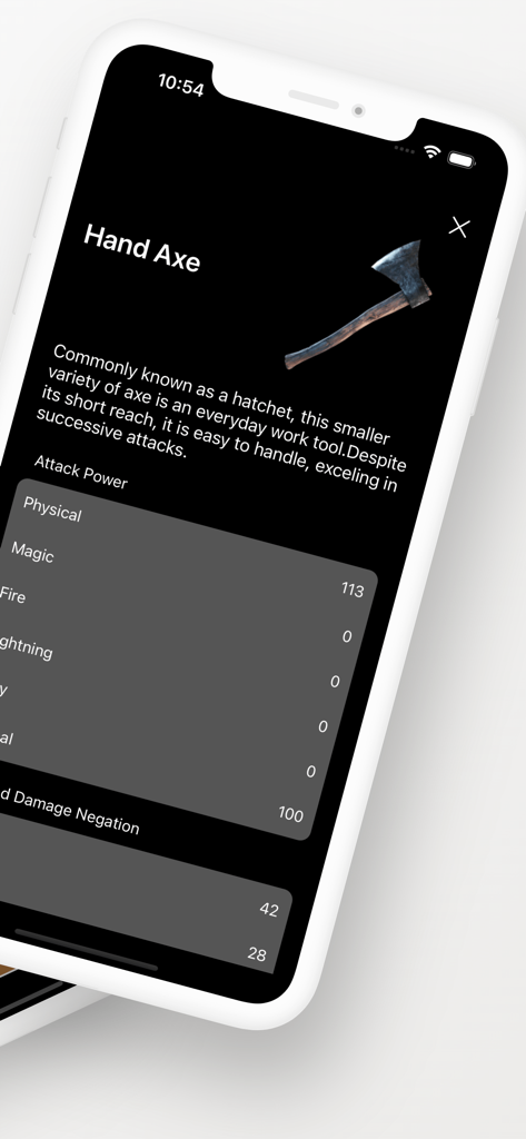 Elden Map - Interactive Map - Página de información detallada del hacha de mano que muestra su poder de ataque y descripción en la aplicación Elden Map.