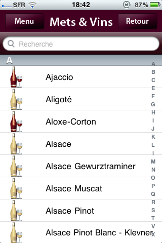 Mets - Vins - A list of French wine appellations starting with the letter A in the Mets - Vins app.